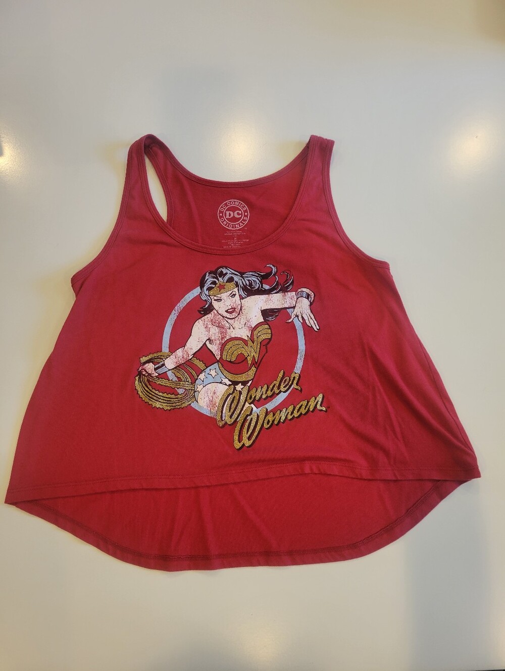 DC Comics Women's Red Wonder Woman Distressed Graphic Crop Tank Top
